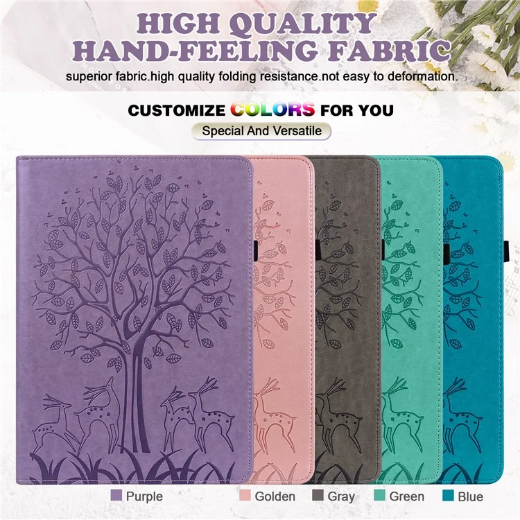 Card Slots Design Scratch-Resistant Tree and Deer Pattern Imprinting Leather Stand Tablet Cover for iPad Air (2020)/Air (2022) - Purple