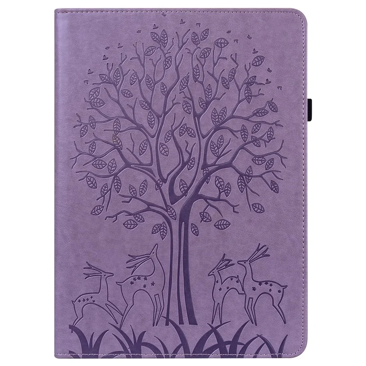 Card Slots Design Scratch-Resistant Tree and Deer Pattern Imprinting Leather Stand Tablet Cover for iPad Air (2020)/Air (2022) - Purple