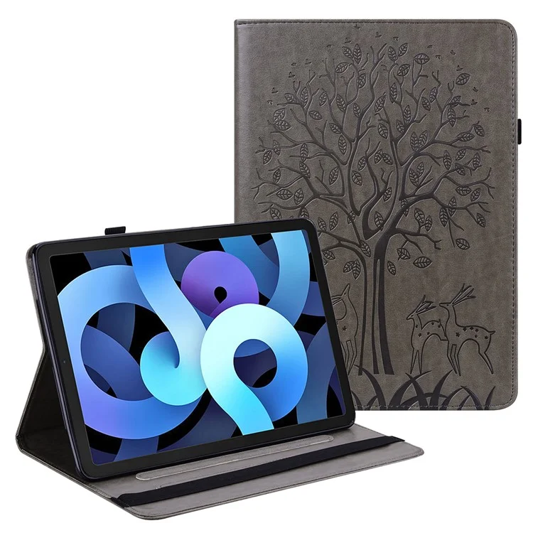 Custodia per Tablet con Slot per Schede, Motivo Albero e Cervo, in Pelle, per iPad Air 11 (2024) / Air (2022) / (2020) - Grigio