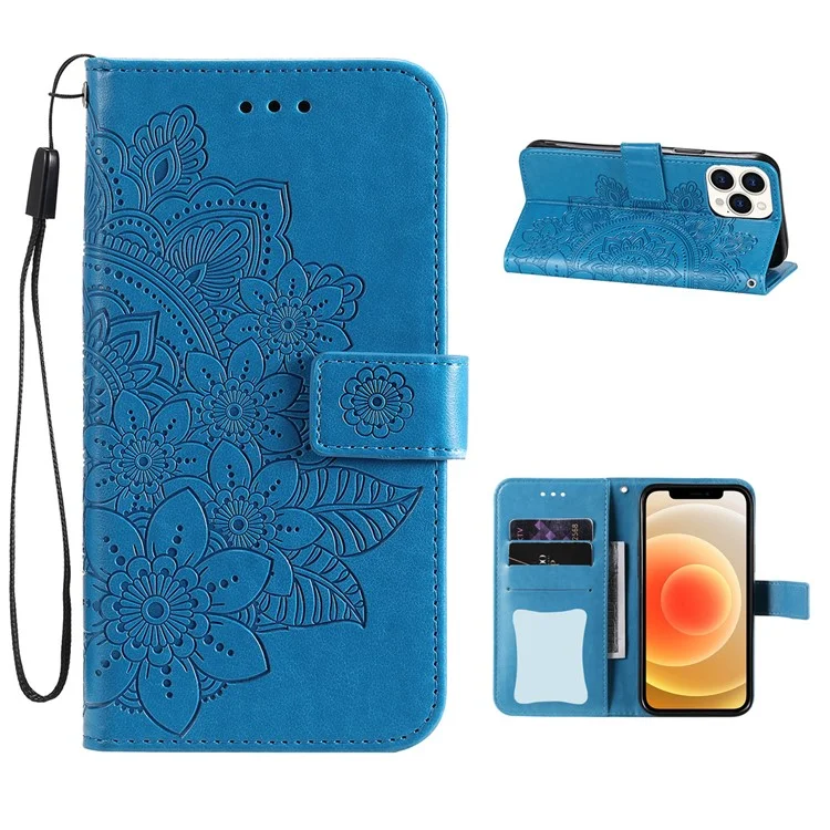 HAT PRINCE PU Leather Imprinting Flower Leather Phone Cover Wallet Case for iPhone 13 Pro 6.1 inch - Blue