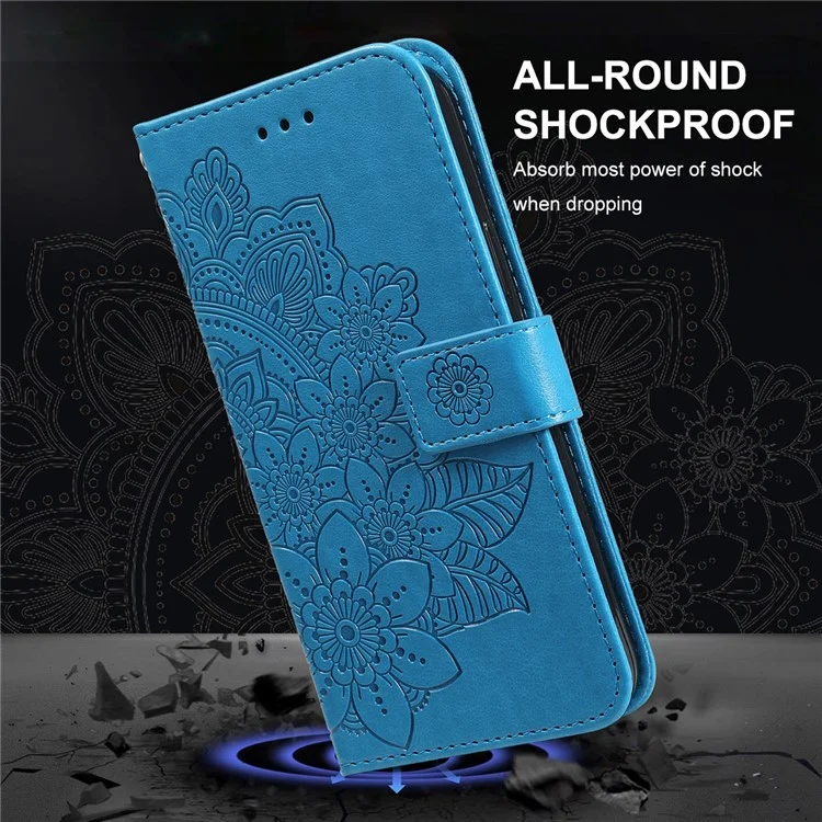 HAT PRINCE PU Leather Imprinting Flower Leather Phone Cover Wallet Case for iPhone 13 Pro 6.1 inch - Blue