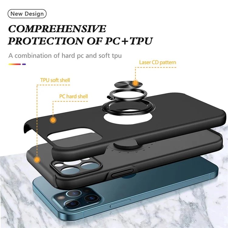 Anello Kickstand Anti-Drop Hard PC Back and Soft TPU Edge Shockproof Protective Case per iPhone 13 Pro 6.1 pollici - Nero