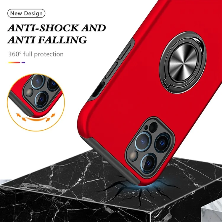 Funda de Protección de Silicona Blanda TPU y PC Duro con Soporte Anillo para iPhone 13 Pro Max 6.7 Pulgadas - Rojo