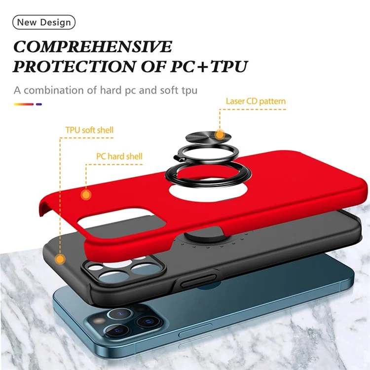 Funda de Protección de Silicona Blanda TPU y PC Duro con Soporte Anillo para iPhone 13 Pro Max 6.7 Pulgadas - Rojo