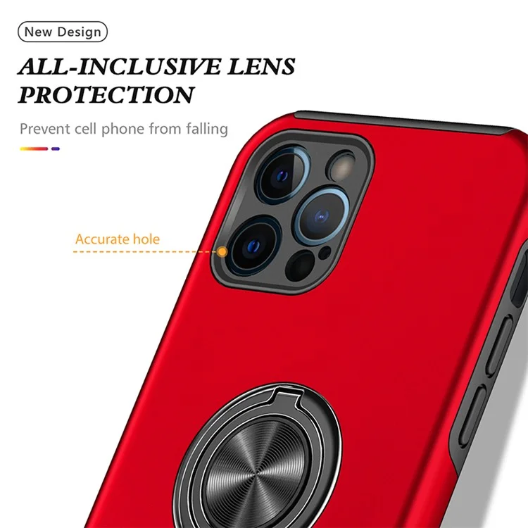 Funda de Protección de Silicona Blanda TPU y PC Duro con Soporte Anillo para iPhone 13 Pro Max 6.7 Pulgadas - Rojo