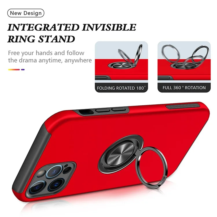 Funda de Protección de Silicona Blanda TPU y PC Duro con Soporte Anillo para iPhone 13 Pro Max 6.7 Pulgadas - Rojo
