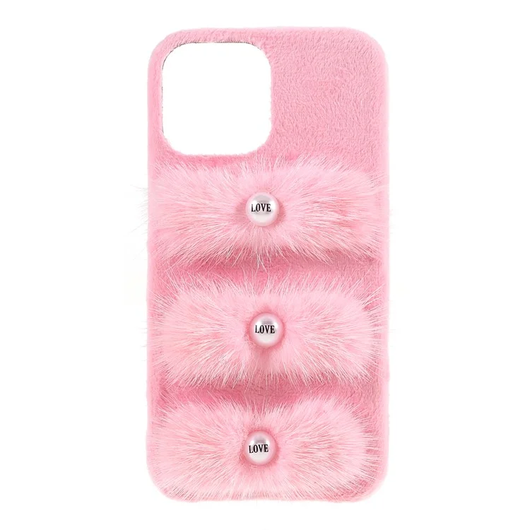 Étui de protection pour téléphone en peluche Plush Coated Love Beads PC Anti-chute pour iPhone 13 Pro 6,1 pouces - Rose