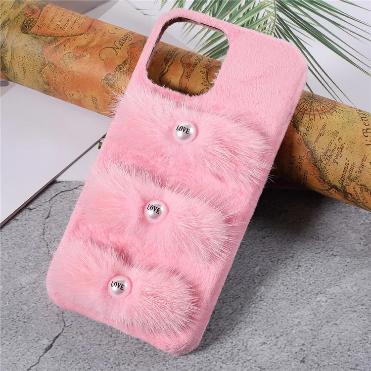 Étui de protection pour téléphone en peluche Plush Coated Love Beads PC Anti-chute pour iPhone 13 Pro 6,1 pouces - Rose