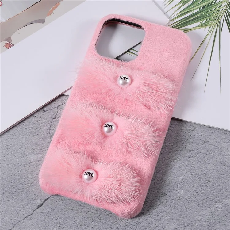 Étui de protection pour téléphone en peluche Plush Coated Love Beads PC Anti-chute pour iPhone 13 Pro 6,1 pouces - Rose