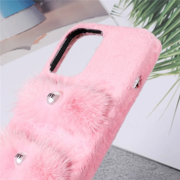 Étui de protection pour téléphone en peluche Plush Coated Love Beads PC Anti-chute pour iPhone 13 Pro 6,1 pouces - Rose