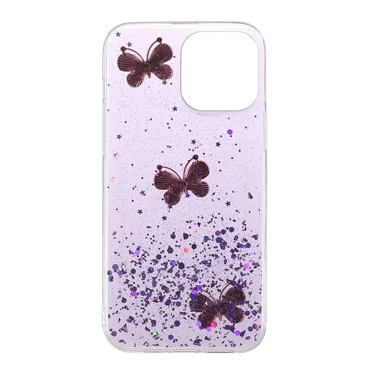 3D Butterfly Pattern Glitter Sequins Epoxy TPU Cell Phone Back Case Protector for iPhone 13 6.1 inch - Light Purple