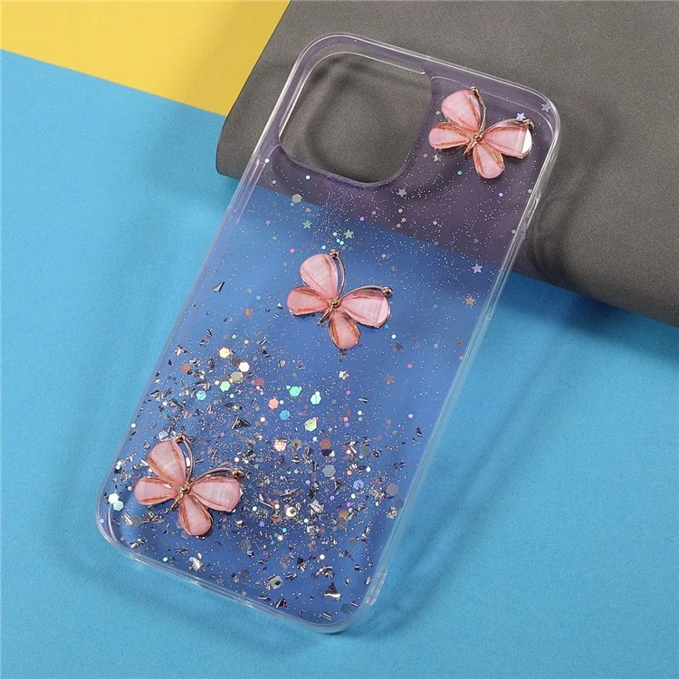 3D Butterfly Pattern Glitter Sequins Epoxy TPU Cell Phone Back Case Protector for iPhone 13 6.1 inch - Light Purple