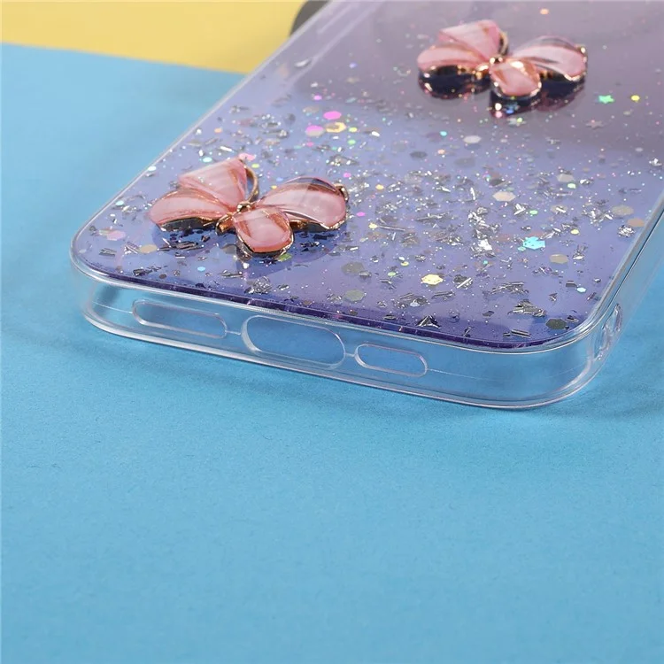 3D Butterfly Pattern Glitter Sequins Epoxy TPU Cell Phone Back Case Protector for iPhone 13 6.1 inch - Light Purple