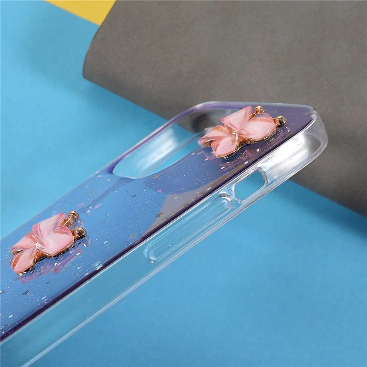 3D Butterfly Pattern Glitter Sequins Epoxy TPU Cell Phone Back Case Protector for iPhone 13 6.1 inch - Light Purple