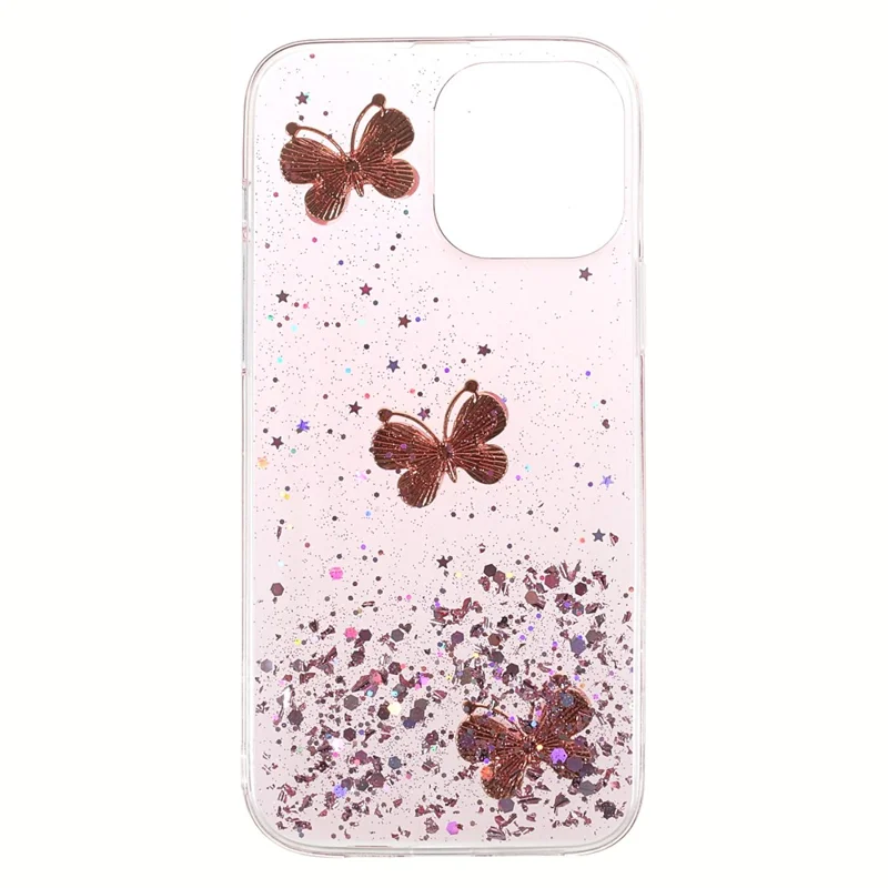 3D Butterfly Pattern Glitter Powder Epoxy TPU Phone Case Protector for iPhone 13 Pro Max 6.7 inch - Pink