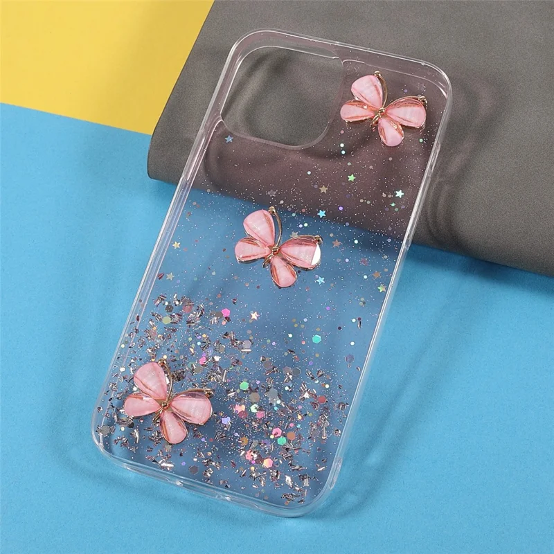 3D Butterfly Pattern Glitter Powder Epoxy TPU Phone Case Protector for iPhone 13 Pro Max 6.7 inch - Pink