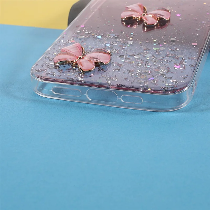 3D Butterfly Pattern Glitter Powder Epoxy TPU Phone Case Protector for iPhone 13 Pro Max 6.7 inch - Pink