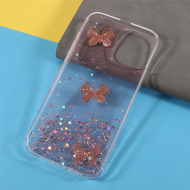 3D Butterfly Pattern Glitter Powder Epoxy TPU Phone Case Protector for iPhone 13 Pro Max 6.7 inch - Pink