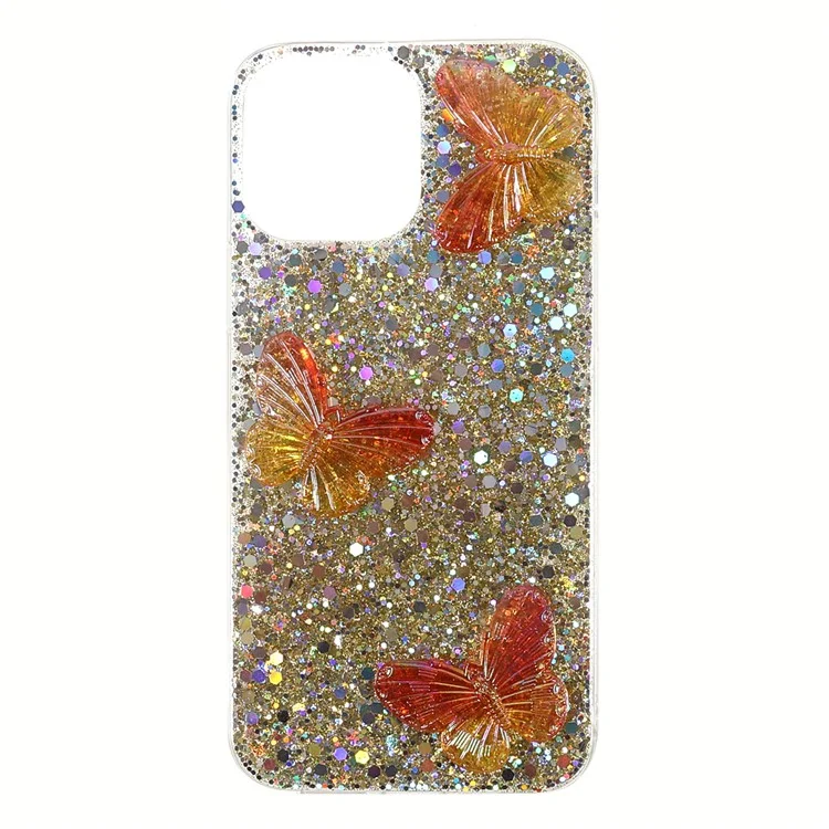 3D Butterfly Pattern Glitter Powder Poxy TPU Caixa de Telefone Protetor Para Iphone 13 Pro Max 6,7 Polegadas - Ouro