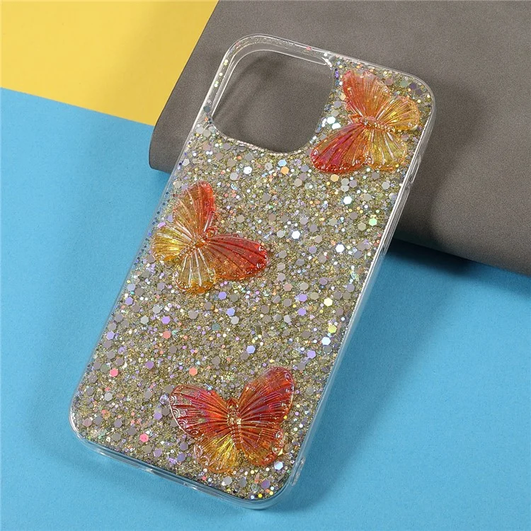 3D Butterfly Pattern Glitter Powder Poxy TPU Caixa de Telefone Protetor Para Iphone 13 Pro Max 6,7 Polegadas - Ouro