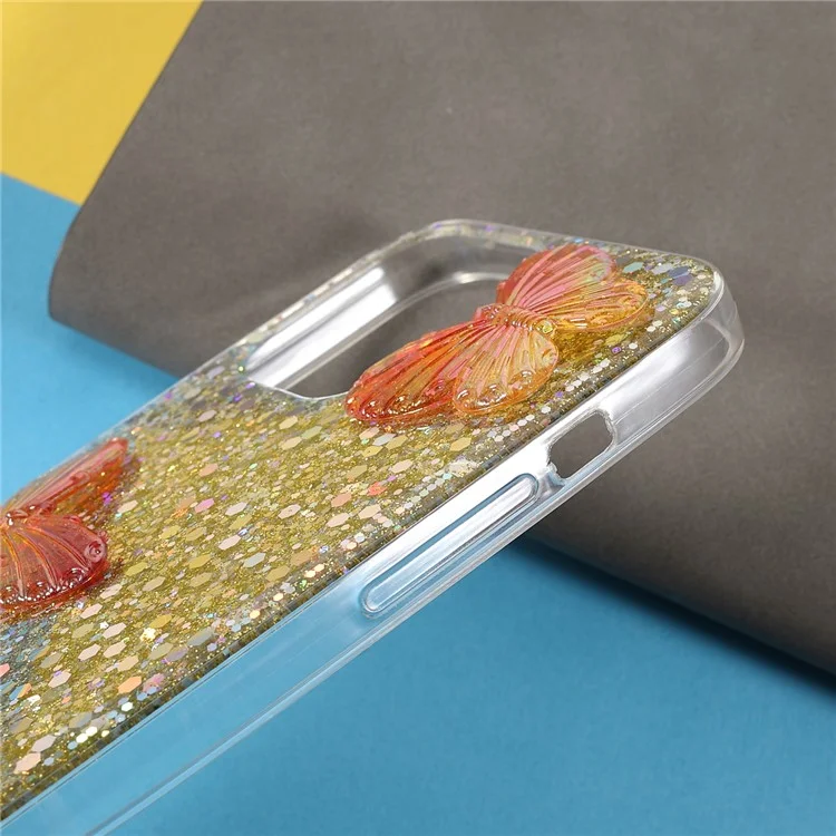 3D Patterfly Pattern Glitter Powder Epoxy TPU Protector Для Iphone 13 Pro Max 6,7 Дюйма - Золото
