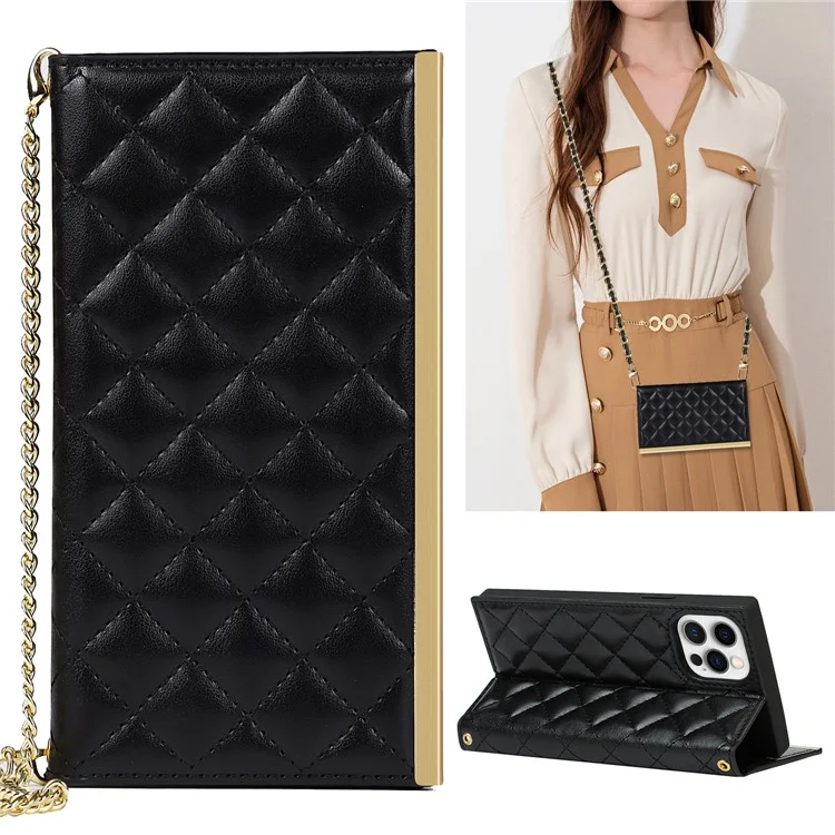 Leather Phone Case Grid Texture Crossbody Bag with Makeup Mirror and Shoulder Strap for iPhone 12 Pro Max 6.7 inch - Black