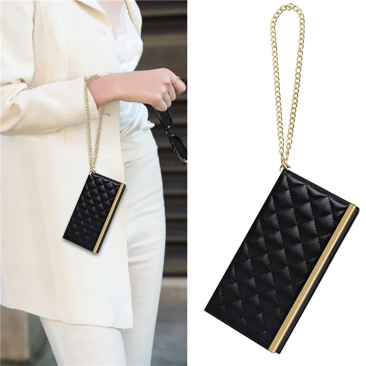 Leather Phone Case Grid Texture Crossbody Bag with Makeup Mirror and Shoulder Strap for iPhone 12 Pro Max 6.7 inch - Black
