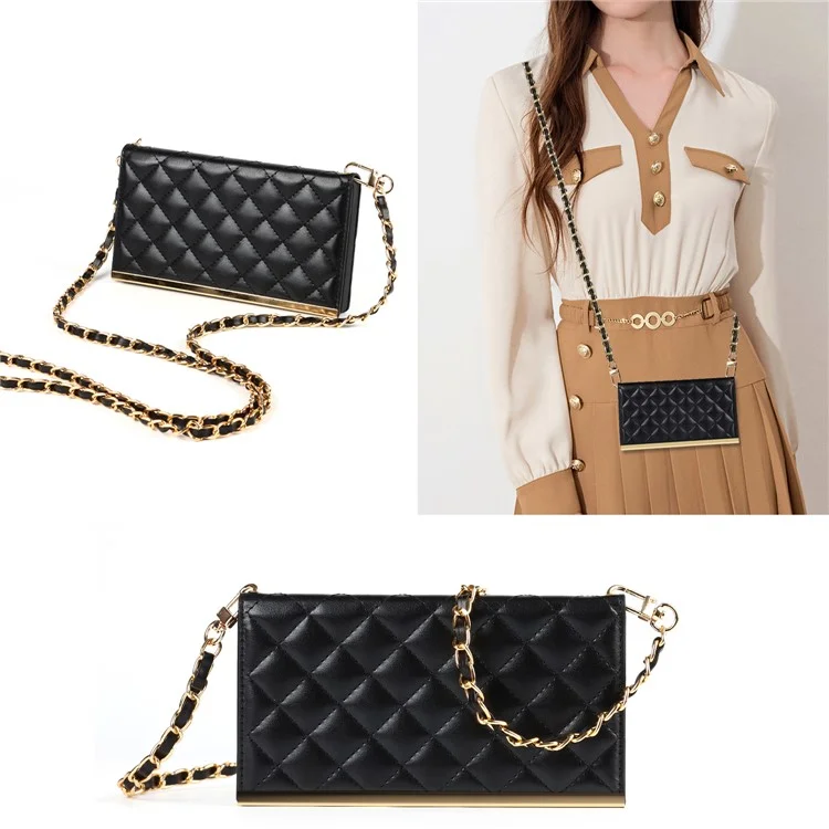 Leather Phone Case Grid Texture Crossbody Bag with Makeup Mirror and Shoulder Strap for iPhone 12 Pro Max 6.7 inch - Black