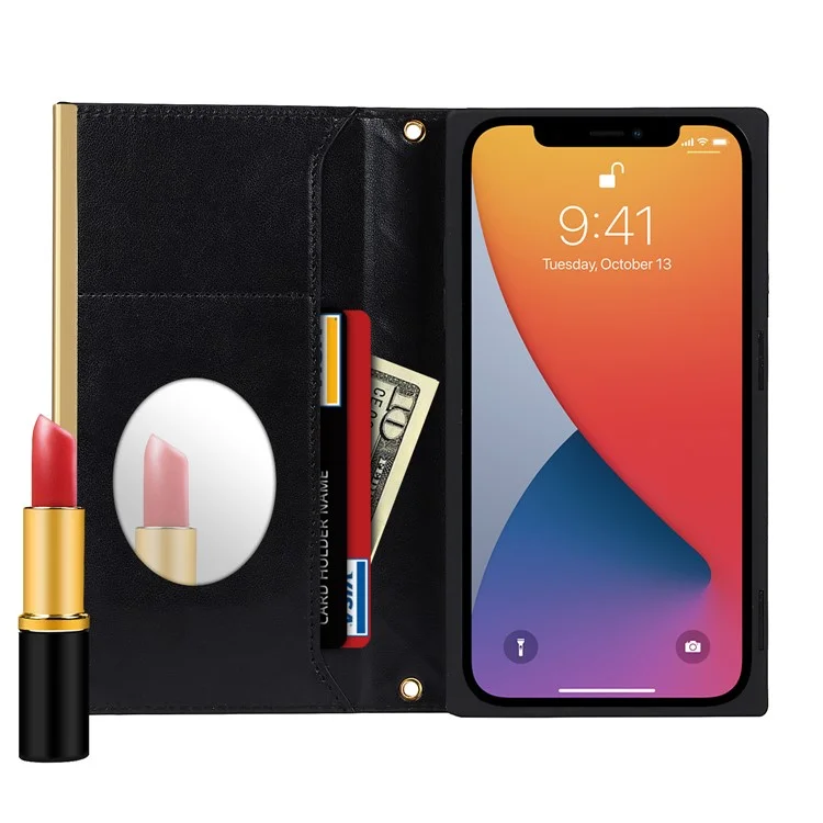 Leather Phone Case Grid Texture Crossbody Bag with Makeup Mirror and Shoulder Strap for iPhone 12 Pro Max 6.7 inch - Black