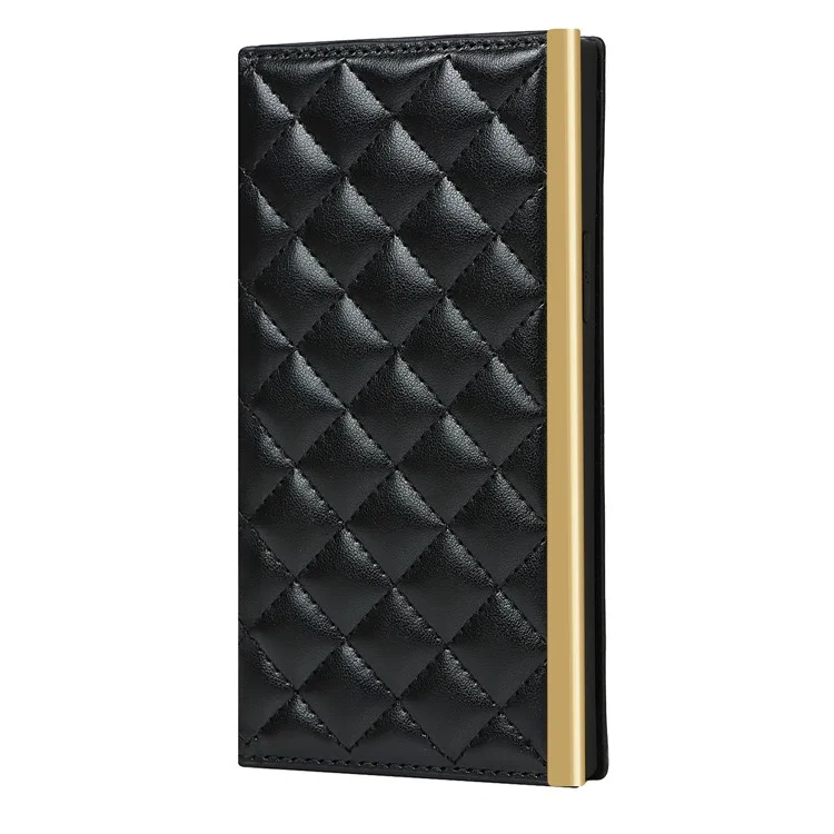 Leather Phone Case Grid Texture Crossbody Bag with Makeup Mirror and Shoulder Strap for iPhone 12 Pro Max 6.7 inch - Black