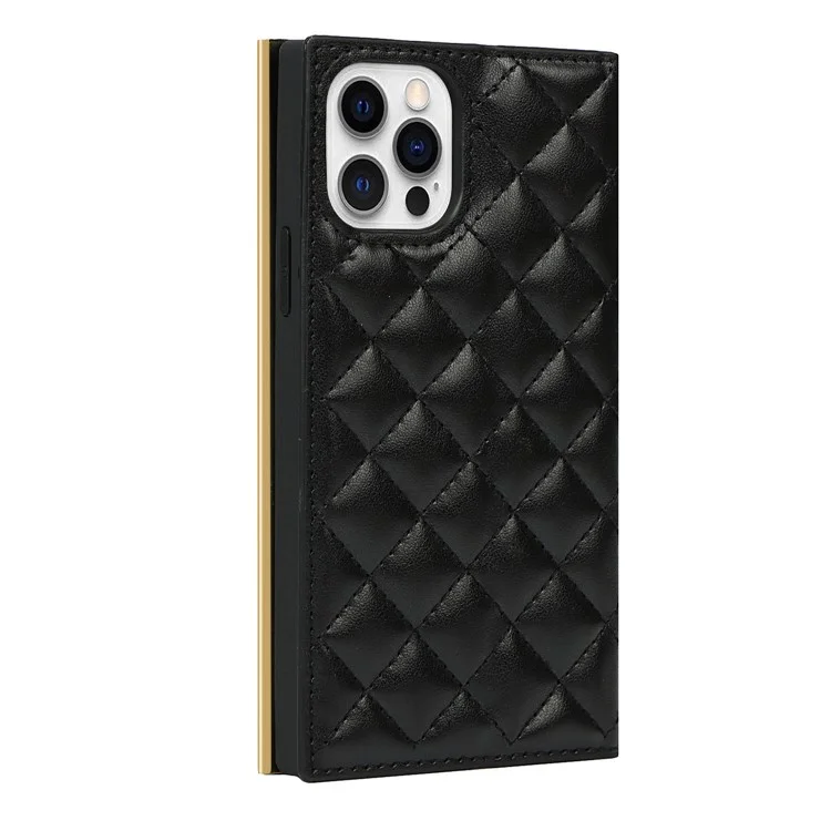 Capa de Couro da Capa Grid Texture Crossbody Bag Com Espelho de Maquiagem e Alça de Ombro Para Iphone 12 Pro Max 6,7 Polegadas - Preto