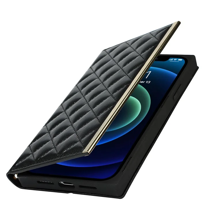 Grid Texture Leather Phone Case Crossbody Bag Built-in Makeup Mirror Phone Case with Shoulder Strap for iPhone 11 - Schwarz