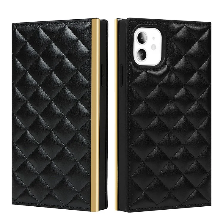 Grid Texture Leather Phone Case Crossbody Bag Built-in Makeup Mirror Phone Case with Shoulder Strap for iPhone 11 - Schwarz