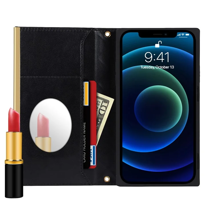 Grid Texture Leather Phone Case Crossbody Bag Built-in Makeup Mirror Phone Case with Shoulder Strap for iPhone 11 - Schwarz