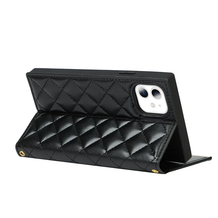 Grid Texture Leather Phone Case Crossbody Bag Built-in Makeup Mirror Phone Case with Shoulder Strap for iPhone 11 - Schwarz