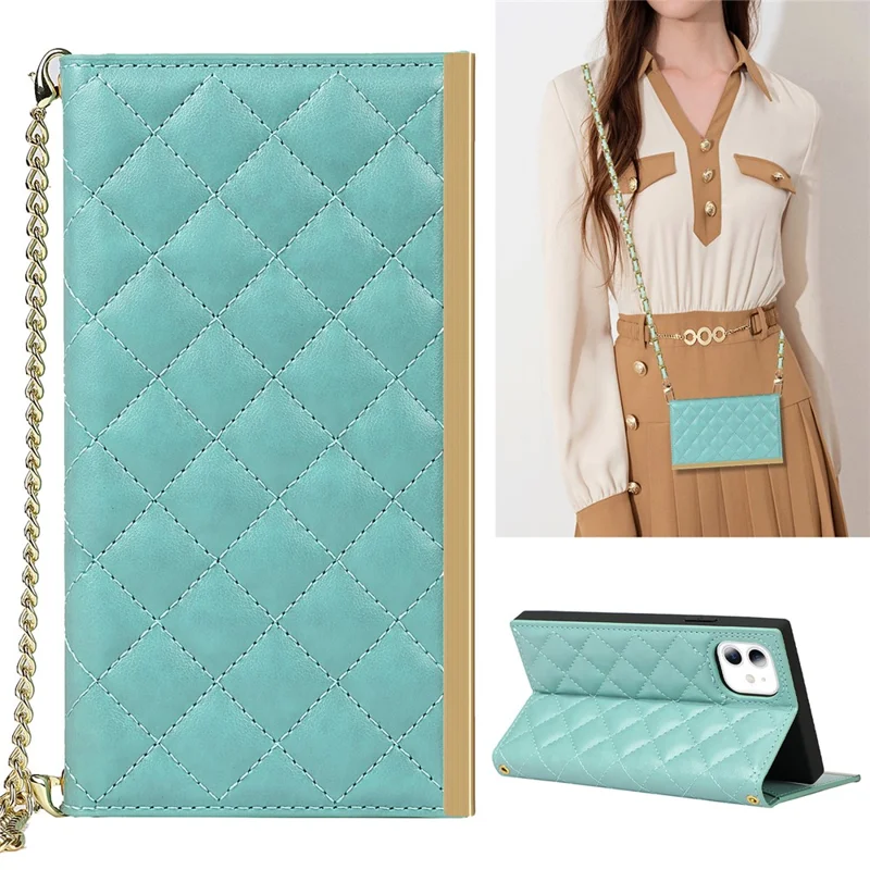 Grid Texture Leather Phone Case Crossbody Bag Built-in Makeup Mirror Phone Case with Shoulder Strap for iPhone 11 - Cyan