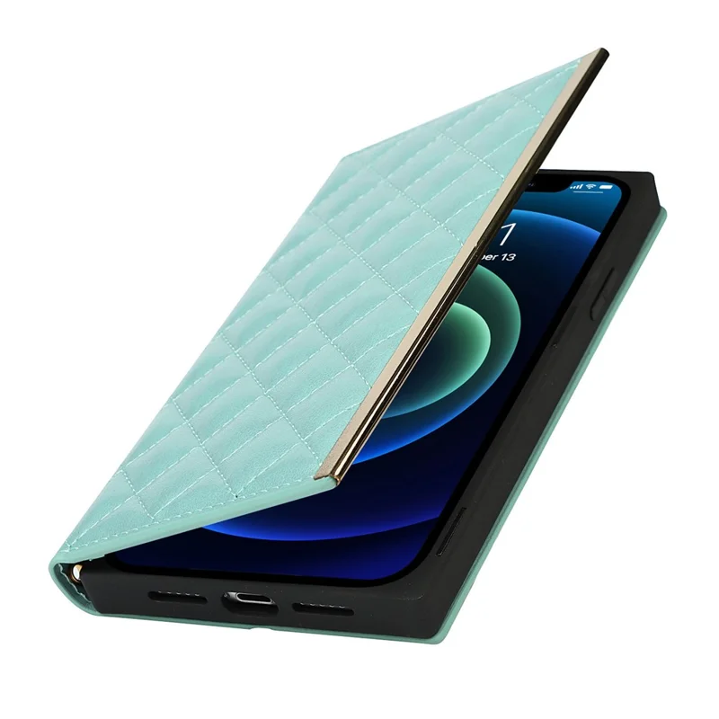 Grid Texture Leather Phone Case Crossbody Bag Built-in Makeup Mirror Phone Case with Shoulder Strap for iPhone 11 - Cyan