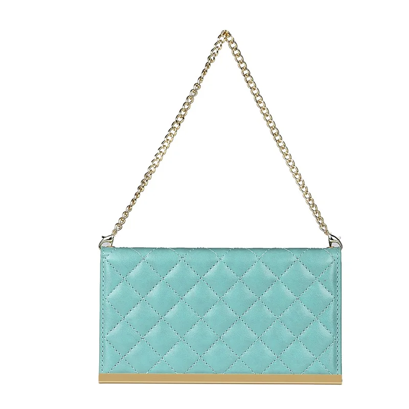 Grid Texture Leather Phone Case Crossbody Bag Built-in Makeup Mirror Phone Case with Shoulder Strap for iPhone 11 - Cyan