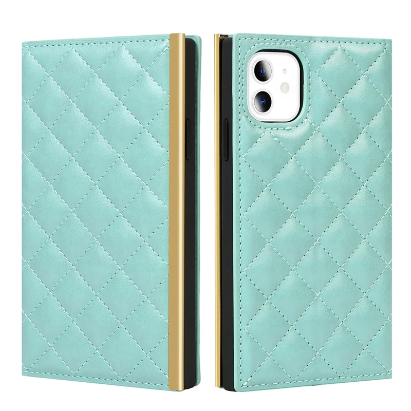 Grid Texture Leather Phone Case Crossbody Bag Built-in Makeup Mirror Phone Case with Shoulder Strap for iPhone 11 - Cyan