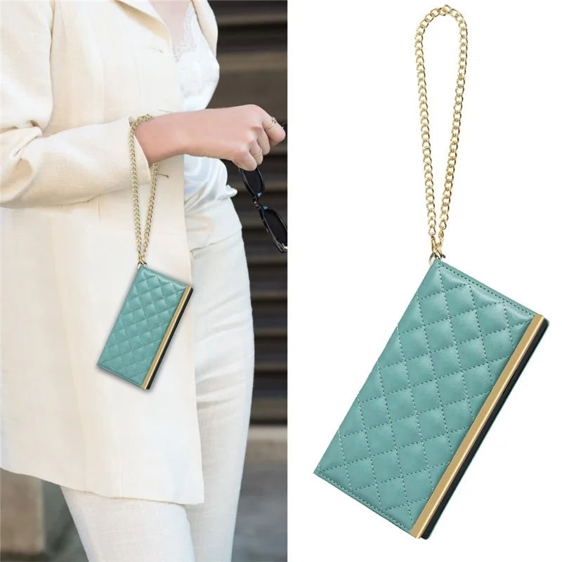 Grid Texture Leather Phone Case Crossbody Bag Built-in Makeup Mirror Phone Case with Shoulder Strap for iPhone 11 - Cyan