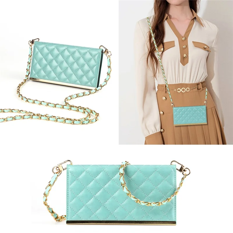 Grid Texture Leather Phone Case Crossbody Bag Built-in Makeup Mirror Phone Case with Shoulder Strap for iPhone 11 - Cyan