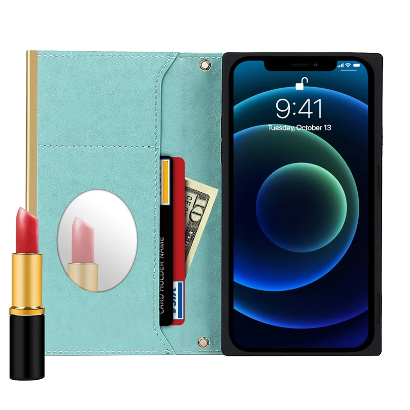 Grid Texture Leather Phone Case Crossbody Bag Built-in Makeup Mirror Phone Case with Shoulder Strap for iPhone 11 - Cyan