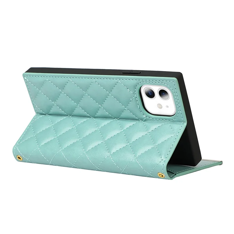 Grid Texture Leather Phone Case Crossbody Bag Built-in Makeup Mirror Phone Case with Shoulder Strap for iPhone 11 - Cyan