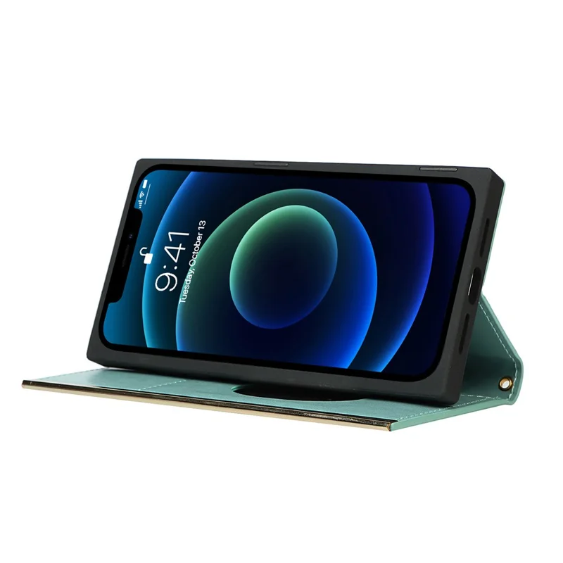 Grid Texture Leather Phone Case Crossbody Bag Built-in Makeup Mirror Phone Case with Shoulder Strap for iPhone 11 - Cyan