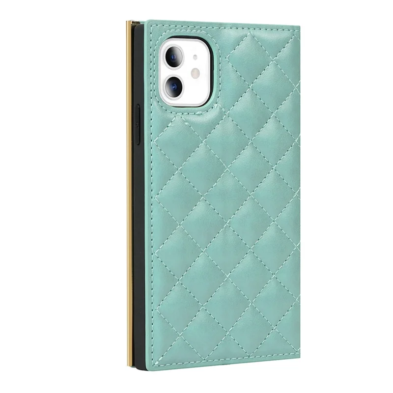 Grid Texture Leather Phone Case Crossbody Bag Built-in Makeup Mirror Phone Case with Shoulder Strap for iPhone 11 - Cyan
