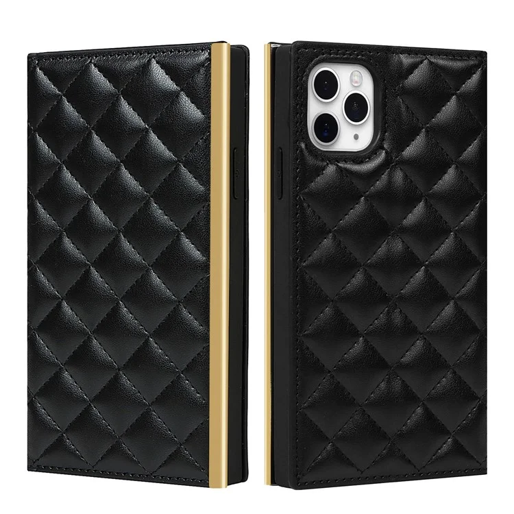 Case de Cuero de Textura de Cuadrícula Bolsa de Cuerpo Cruzado Con Espejo de Maquillaje y Correa Para el Hombro Para Iphone 11 Pro - Negro