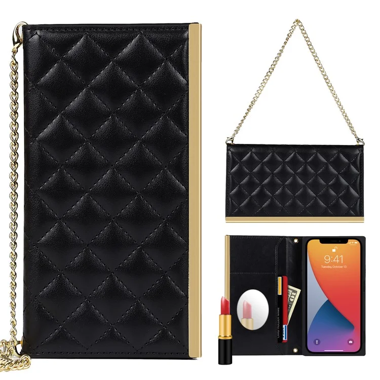 Grid Texture Phone Bag Leather Phone Case Hand Bag with Makeup Mirror for iPhone 12 Pro Max 6.7 inch - Black