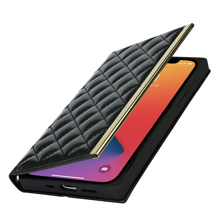 Grid Texture Phone Bag Leather Phone Case Hand Bag with Makeup Mirror for iPhone 12 Pro Max 6.7 inch - Black