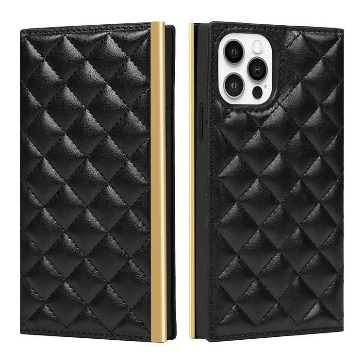 Grid Texture Phone Bag Leather Phone Case Hand Bag with Makeup Mirror for iPhone 12 Pro Max 6.7 inch - Black