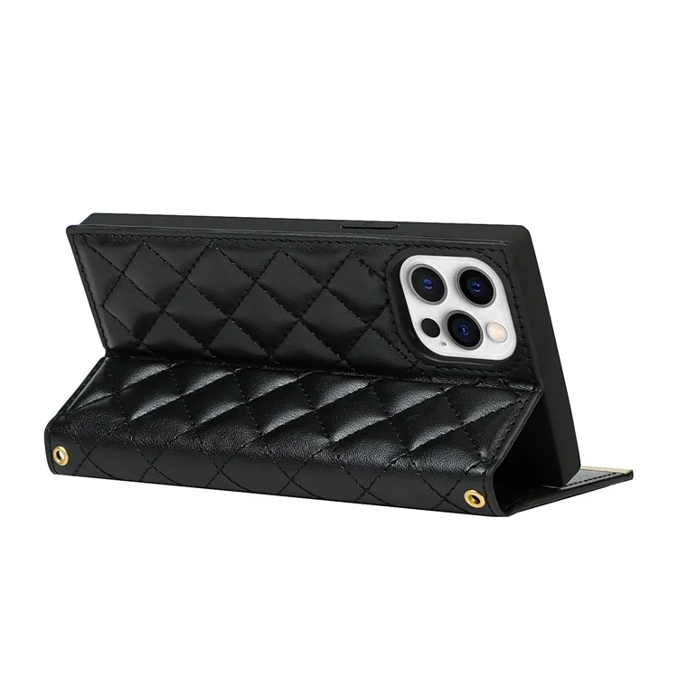 Grid Texture Phone Bag Leather Phone Case Hand Bag with Makeup Mirror for iPhone 12 Pro Max 6.7 inch - Black